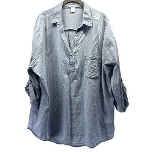 Dizzy Lizzy Women's Top Plus 2X Blue Chambray Popover Collard Shirt Roll Tab Slv